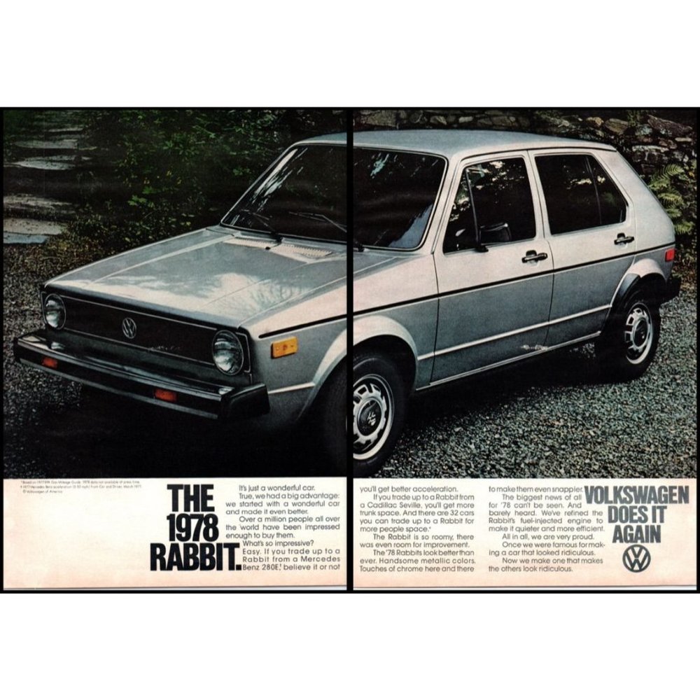 1978 Volkswagen VW Rabbit 4 Door Hatchback 2 Page Vintage Print Ad Wall Art